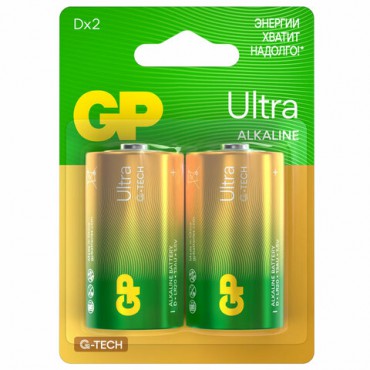 Батарейки GP Ultra, D (LR20, 13А), алкалиновые, КОМПЛЕКТ 2 шт., блистер, 13AU-CR2