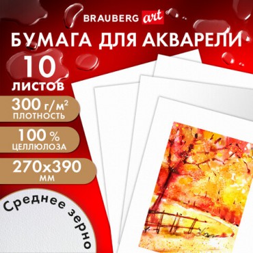 Бумага для акварели 300 г, 270x390 мм, среднее зерно, 10 листов, BRAUBERG ART PREMIERE, 115335